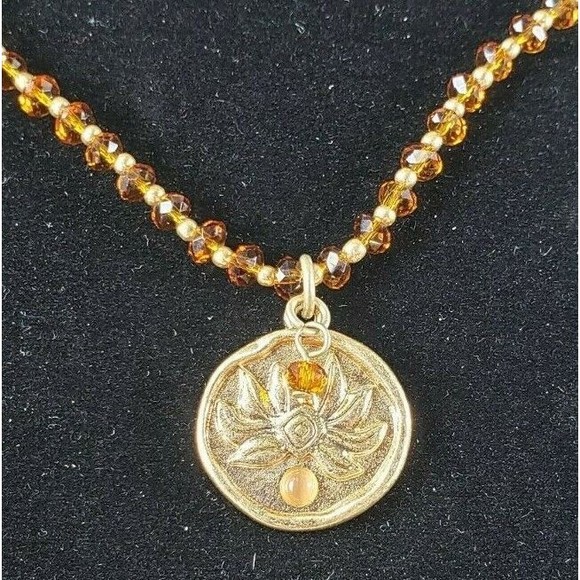 Coldwater Creek Necklace Yellow & Gold Tone Beaded Stamped Floral Pendant 19" - Picture 2 of 10
